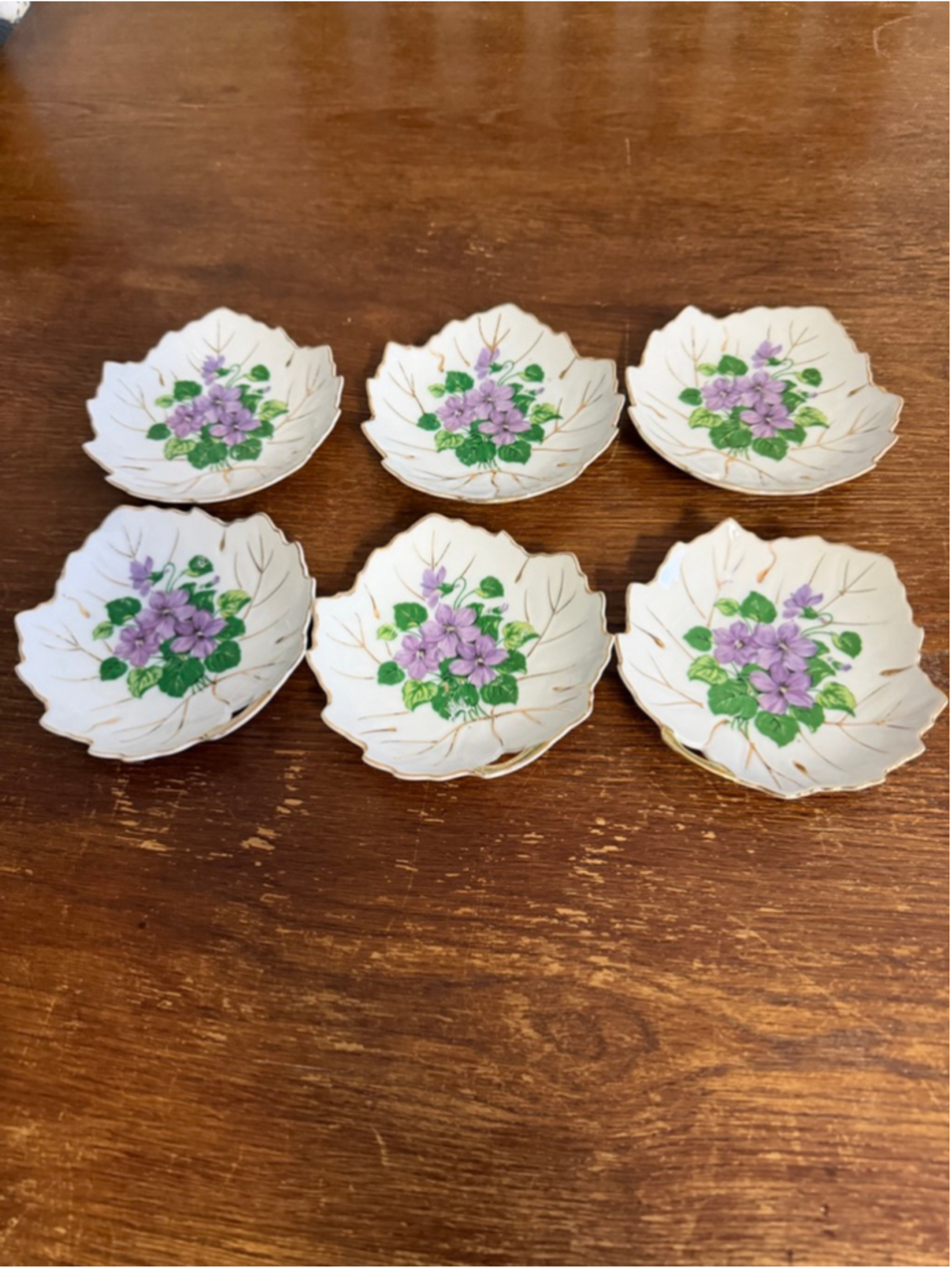 Vintage NASCO Japan Hand Painted Violet Leaf Dishes Set of 6 Gold Trim Porcelain